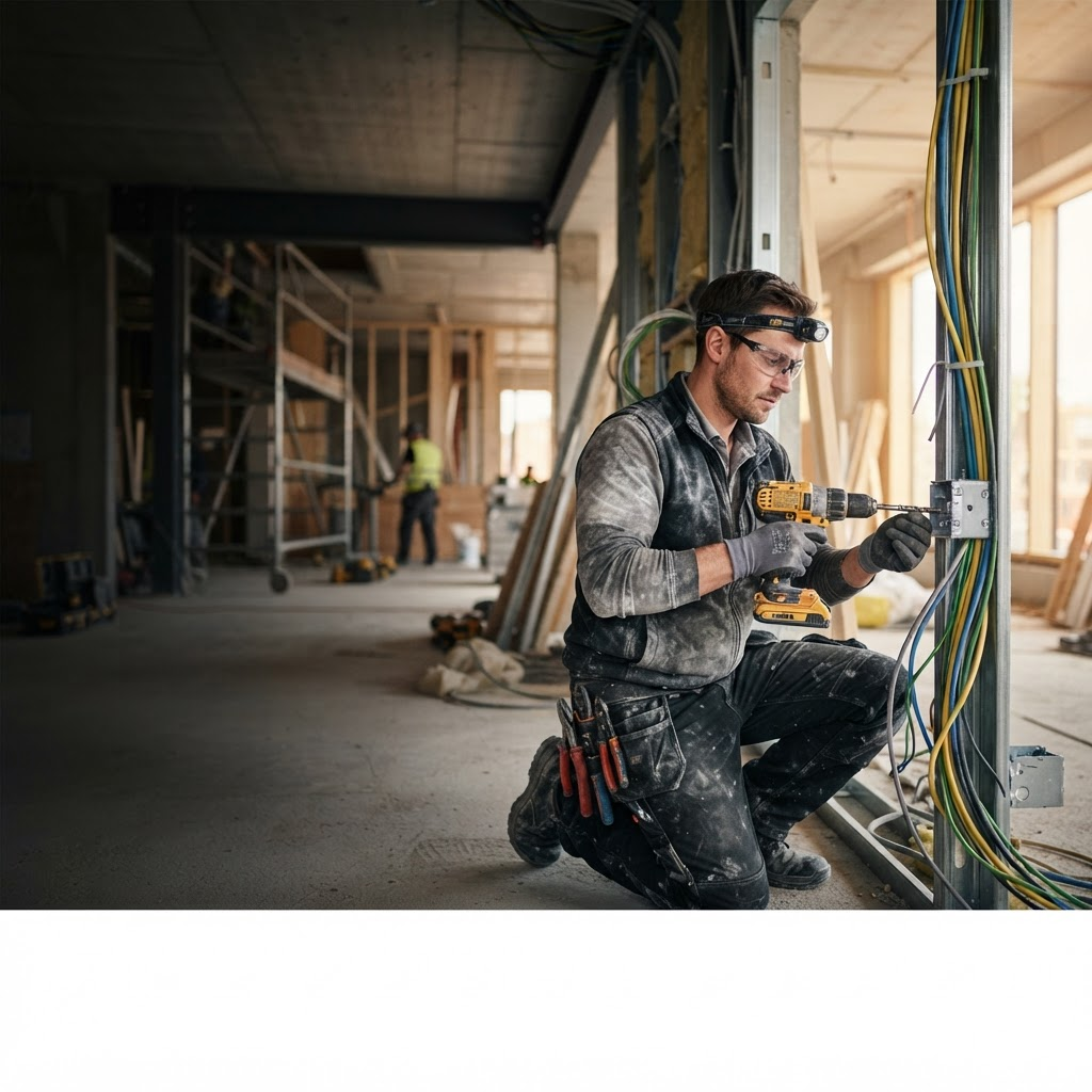 Erfaren elektriker fra E-Tech på jobb med drill.