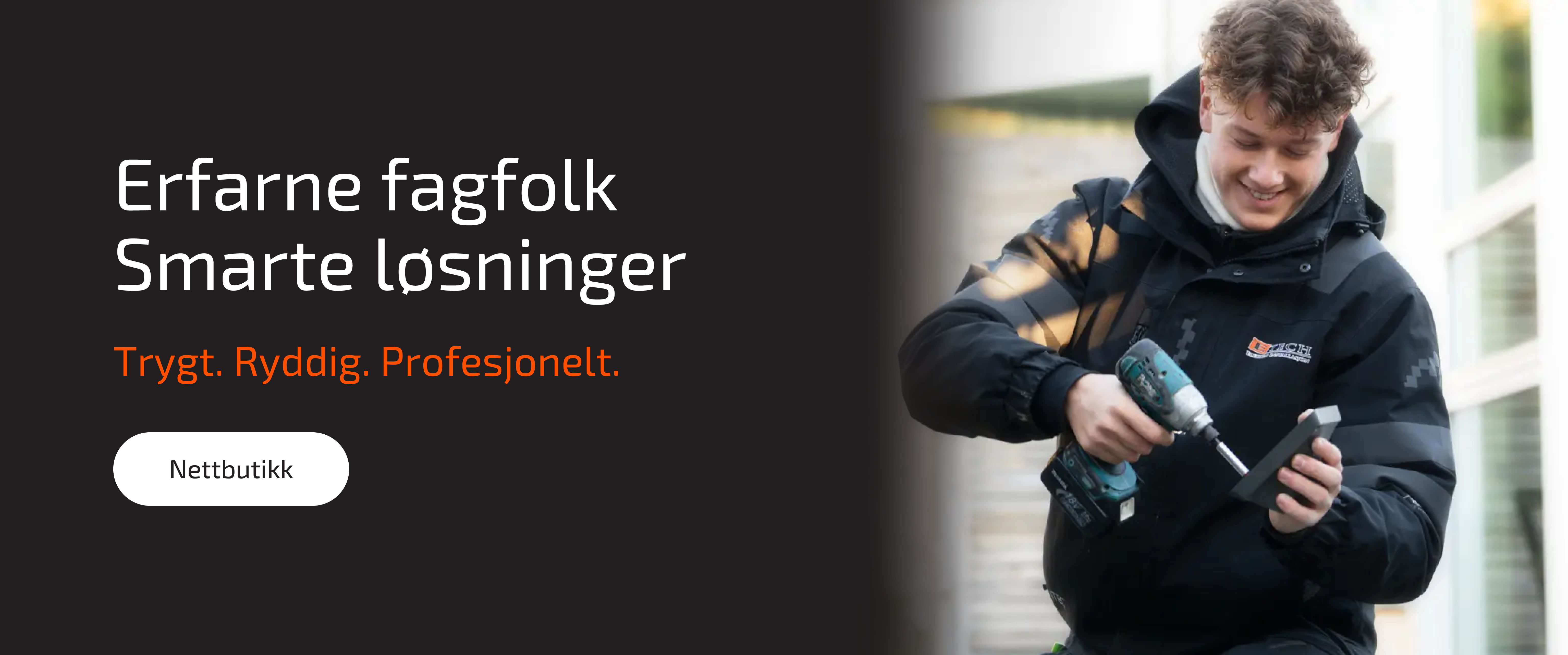 Erfarne fagfolk, smarte løsninger. Erfaren elektriker fra E-Tech på jobb med drill.