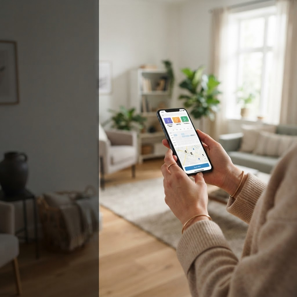 Person bestiller elektrikertjenester i E-Tech nettbutikk på mobilen.
