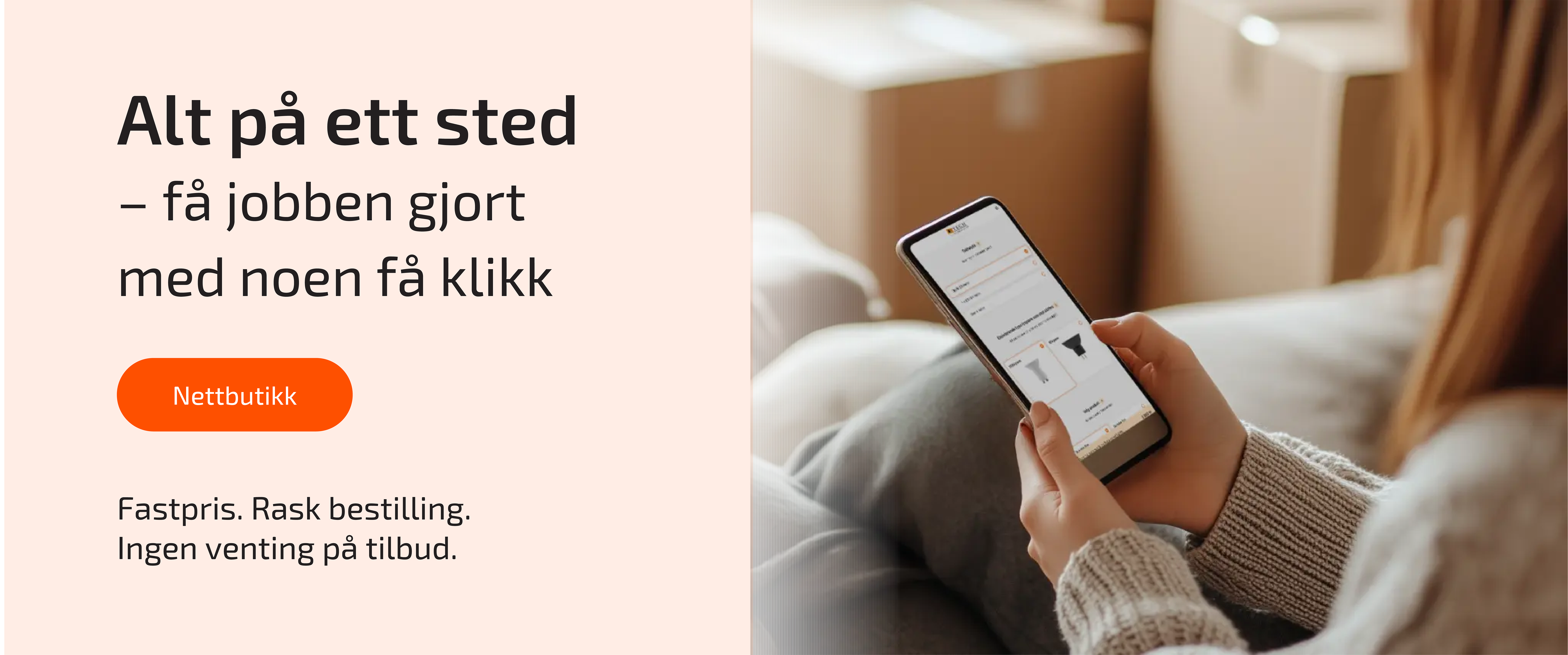 Alt på ett sted – få jobben gjort med noen få klikk. Person bestiller elektrikertjenester i E-Tech nettbutikk på mobilen.